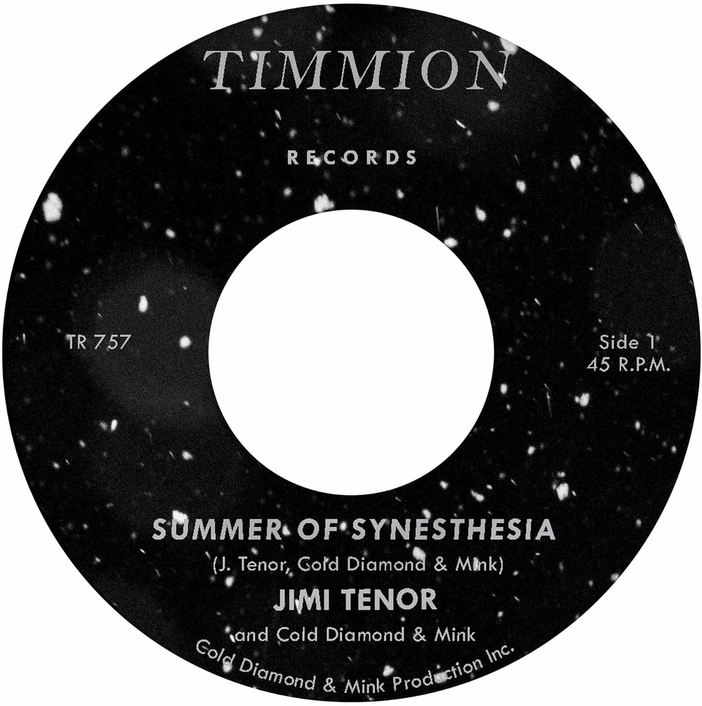 Black and white vinyl record label with text: "Summer Of Synesthesia" by Jimi Tenor.