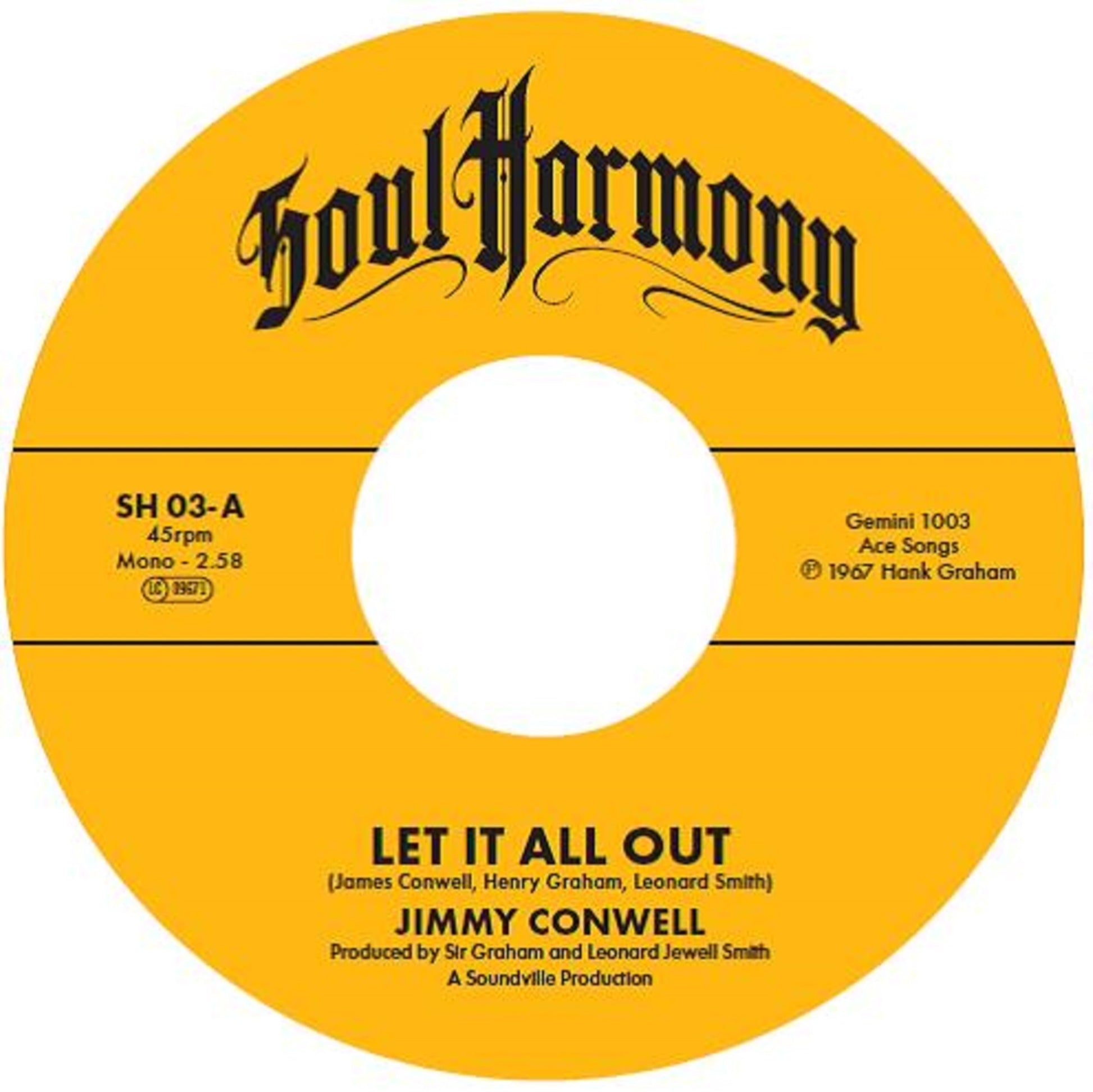 Yellow vinyl record label with black text: "Soul Harmony" and song details.