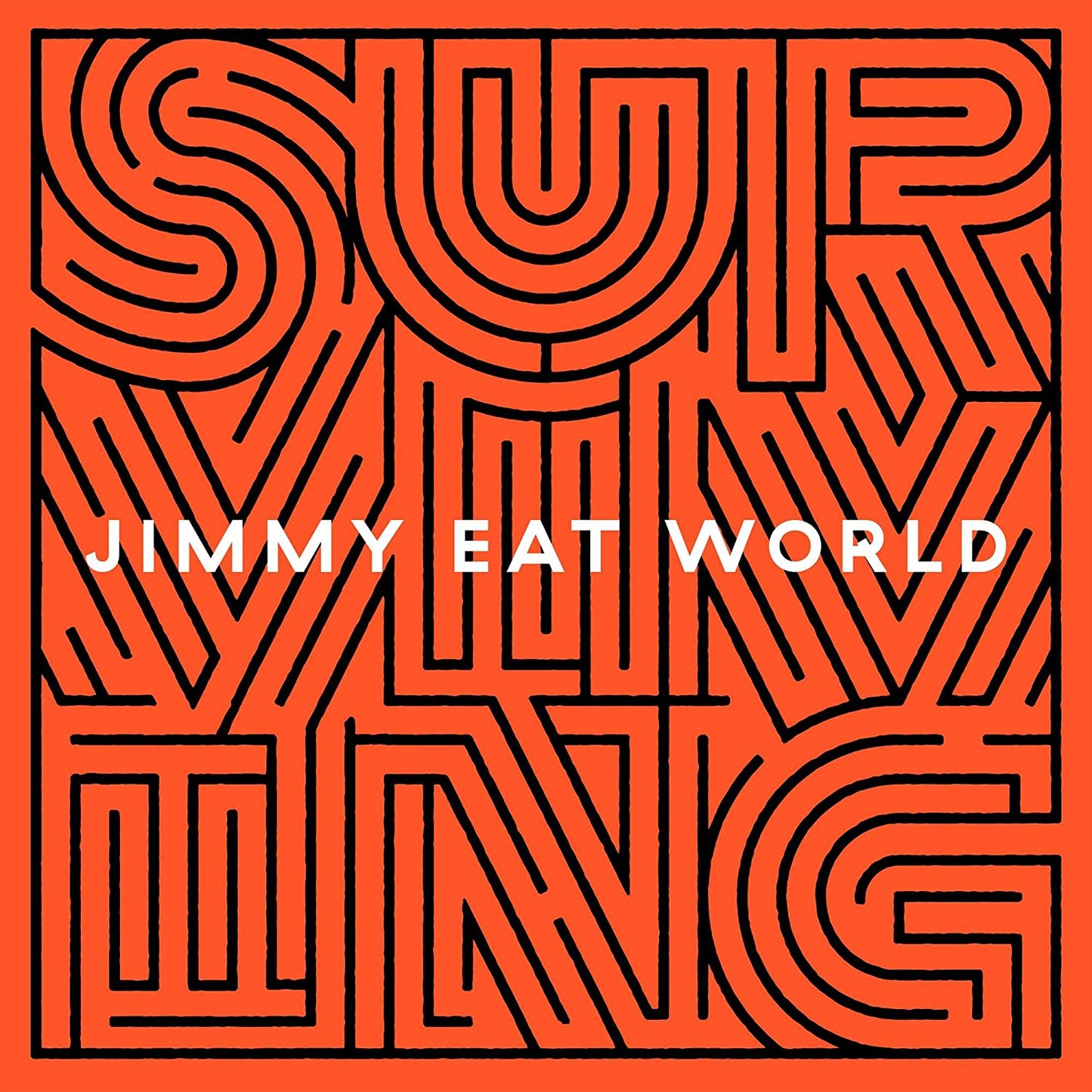 Orange album cover with maze-like text and "JIMMY EAT WORLD" in white.