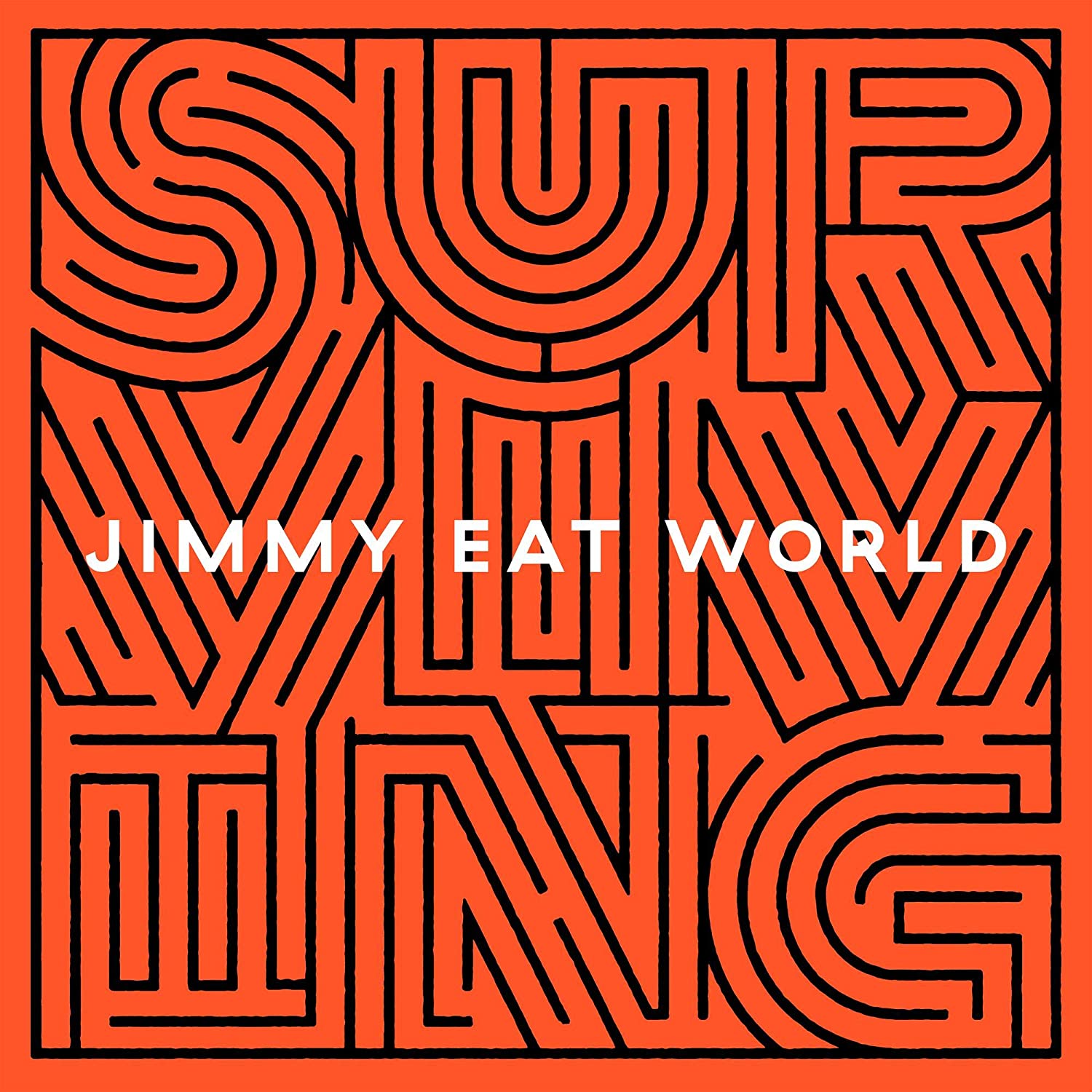 Orange album cover with maze-like text and "JIMMY EAT WORLD" in white.