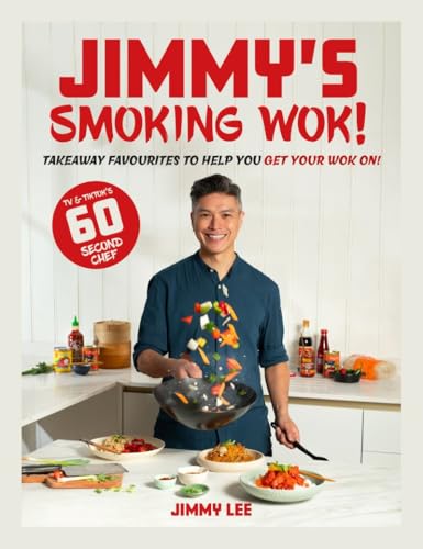 Chef Jimmy Lee tossing vegetables in a wok with prepared dishes on the counter.