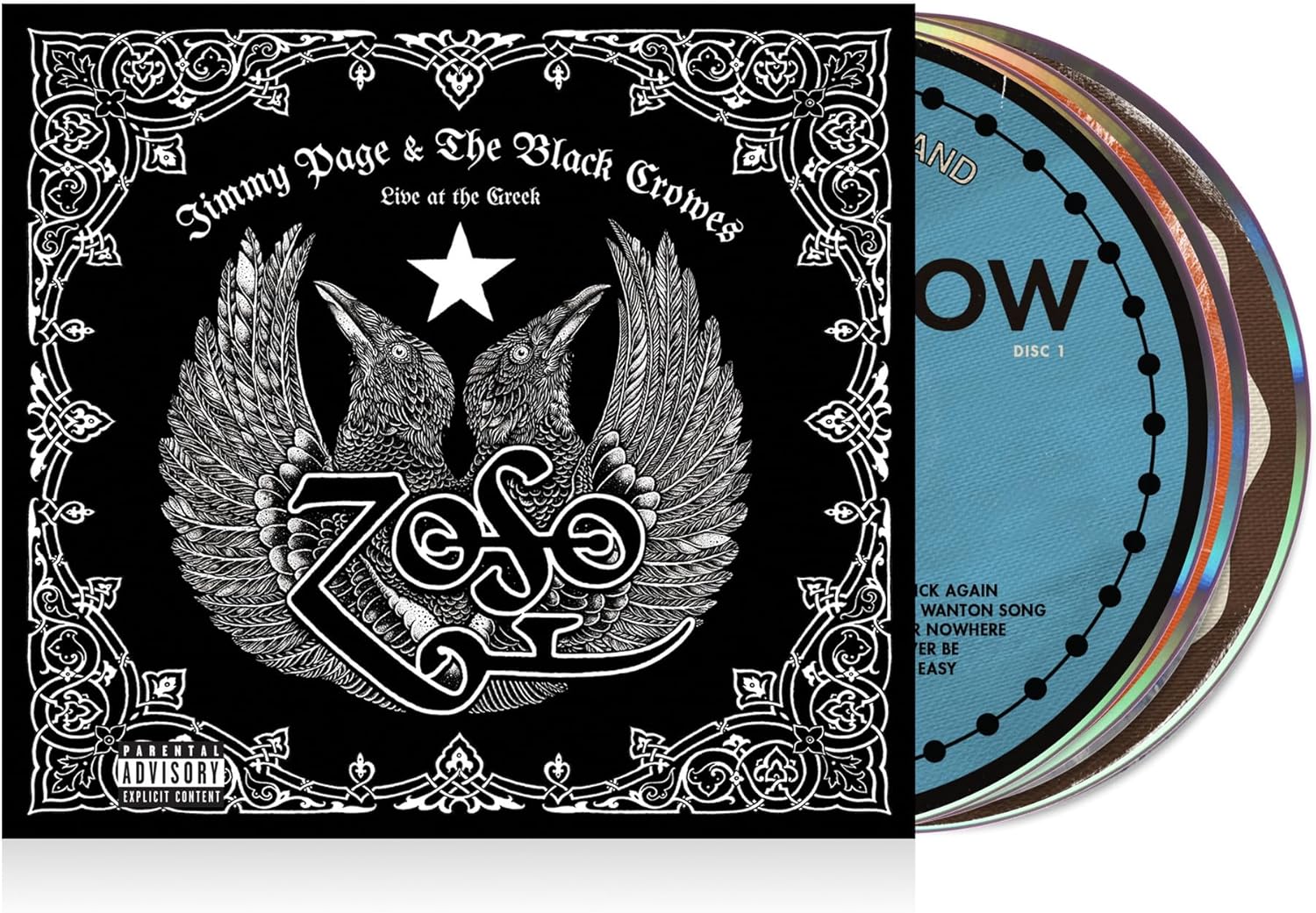CD cover for "Live at the Greek" featuring ravens and ornate design.