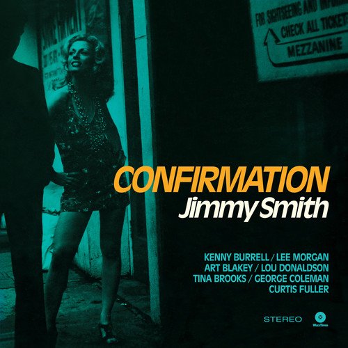Jimmy Smith’s “Confirmation” vinyl album cover with a woman in a doorway.