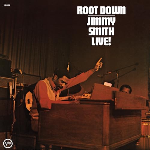 Jimmy Smith at an organ, album cover for "Root Down Live!".