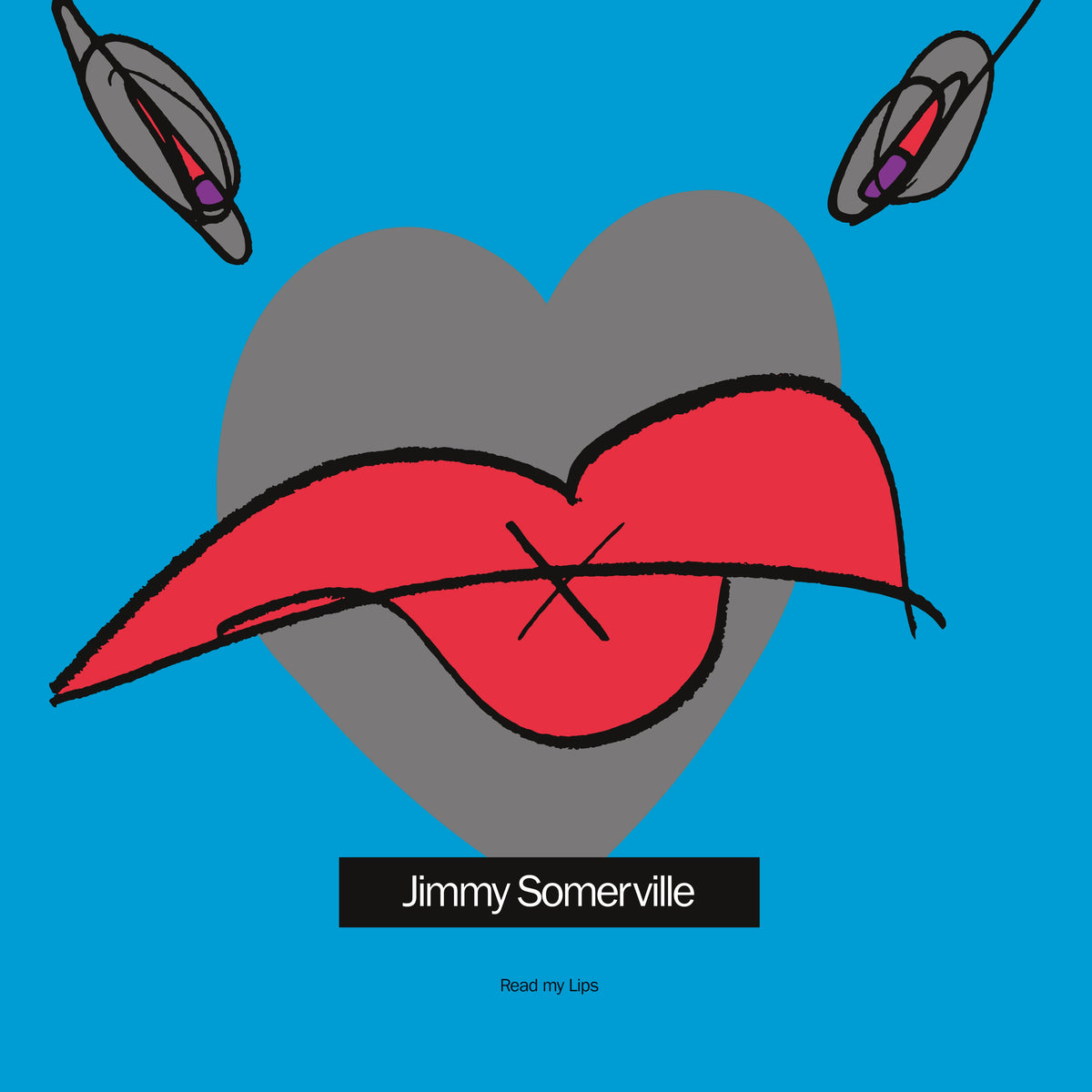 "Vinyl record cover with a red lips graphic on a blue background."