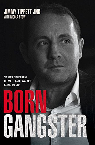 Book cover: close-up portrait of a man with bold red title "Born Gangster".