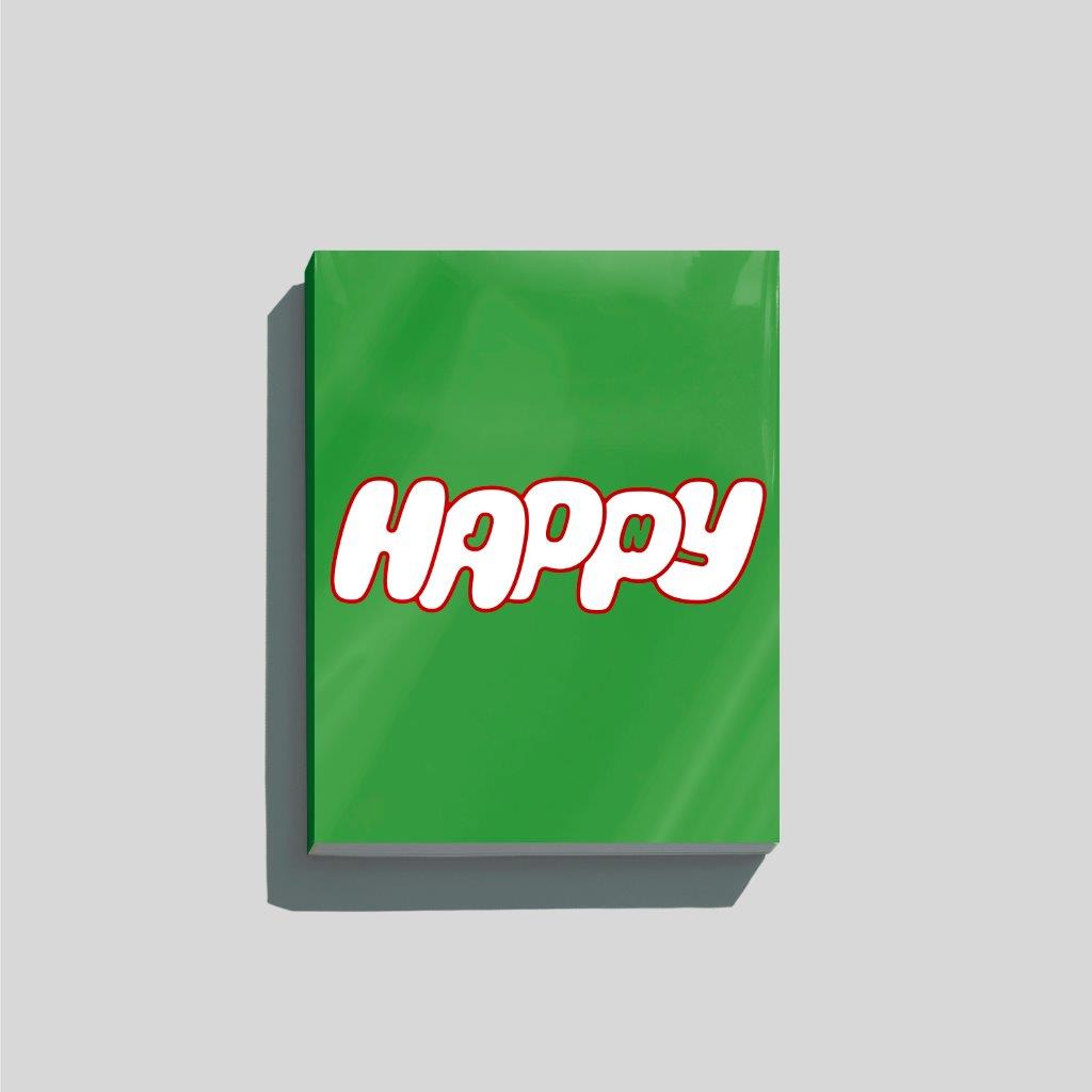Green CD case with the word "HAPPY" in pink and white lettering.