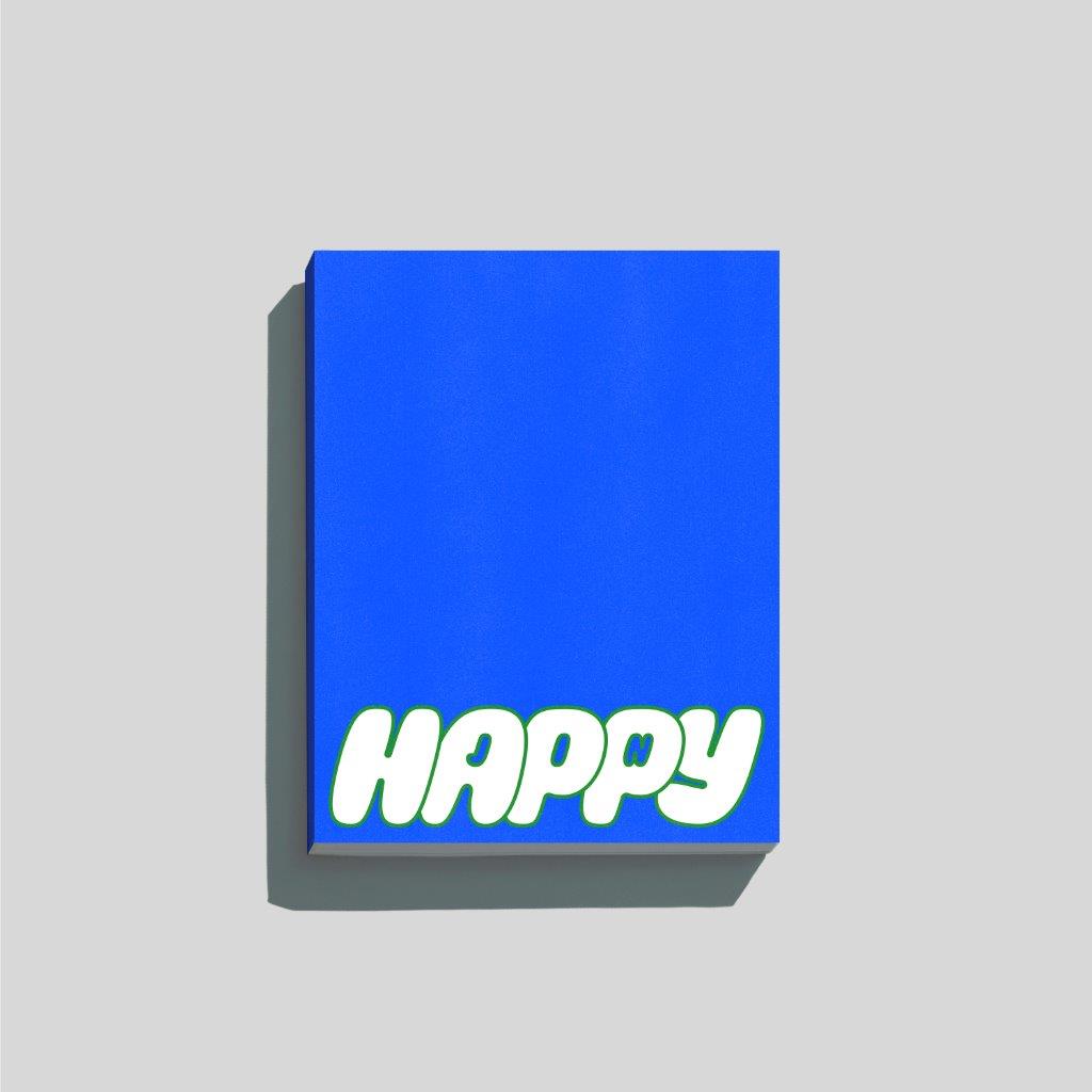 Blue CD case with white "HAPPY" text, viewed from above.