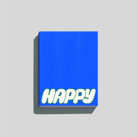 Blue CD case with white "HAPPY" text, viewed from above.
