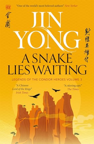 Book cover for A Snake Lies Waiting by Jin Yong featuring orange mountain silhouettes.