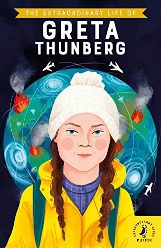Book cover: illustrated portrait of Greta Thunberg with Earth imagery.