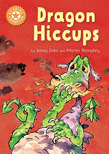 Book cover: green dragon with hiccups, exhaling small flames.