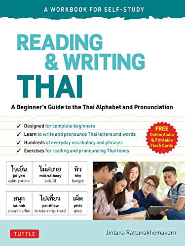 Book cover for Reading & Writing Thai with text, a table of words, and students.