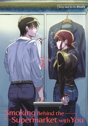 A man and woman stand back-to-back smoking cigarettes in front of a locker.