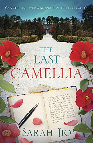 Book cover with camellias, an open journal, and a grand estate backdrop.