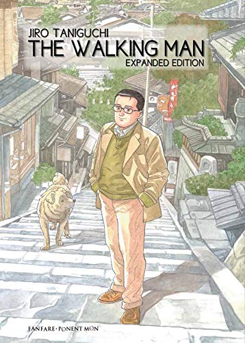 Book cover: man with dog walking down a narrow, hilly street.