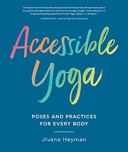 Book cover titled Accessible Yoga with colorful script text on a solid blue background.