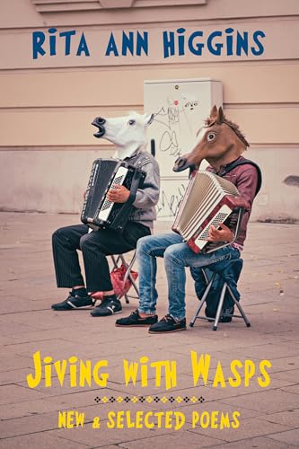 Two people wearing horse masks sit on folding chairs playing accordions on a sidewalk.
