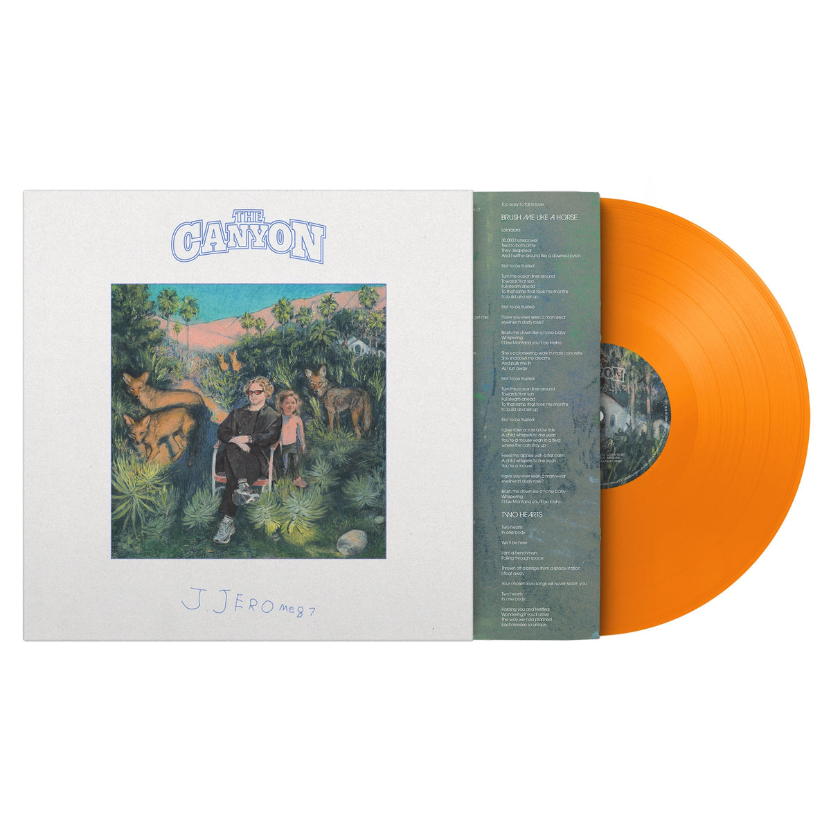 Vinyl record sleeve and orange disc featuring a painting of a man and foxes.