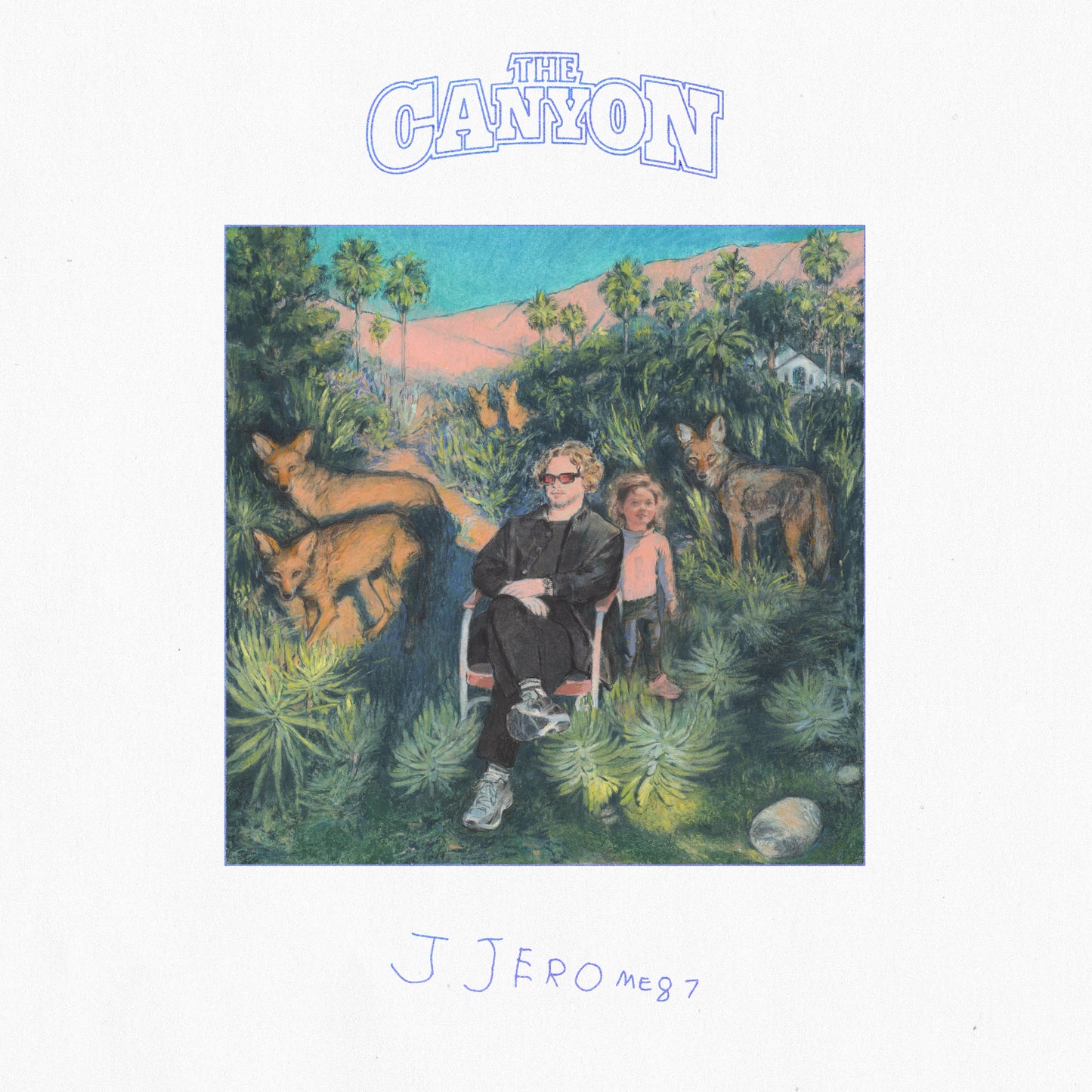 A man and child sit in a canyon landscape surrounded by coyotes and palm trees.