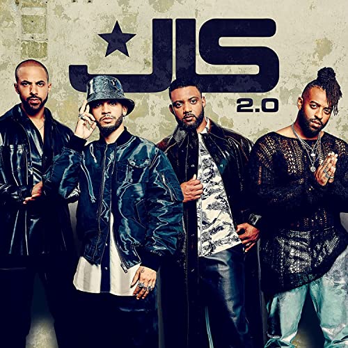 Four men posing in front of a textured wall with the text JLS 2.0.