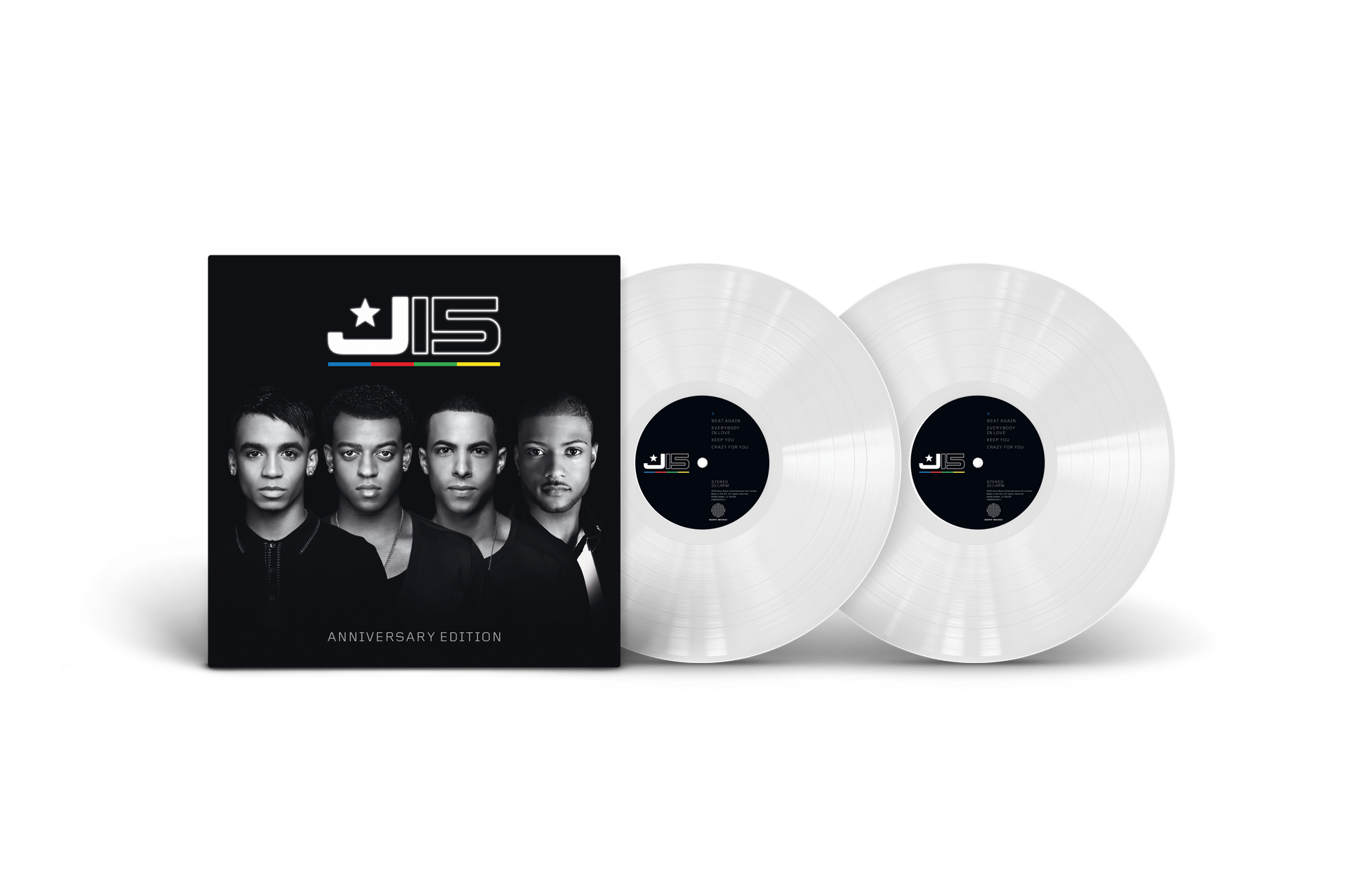 JLS J15 Anniversary Edition vinyl record set with album cover and two clear discs.