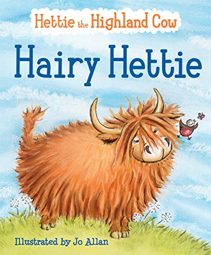 A fluffy, orange Highland cow stands in a field with a small bird nearby.