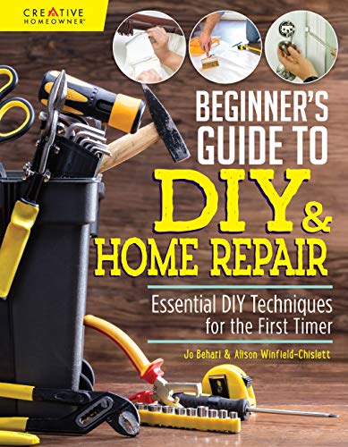 Book cover with DIY tools, a toolbox, and three circular photos of repair tasks.