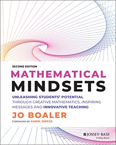Book cover for Mathematical Mindsets by Jo Boaler with abstract geometric line art.