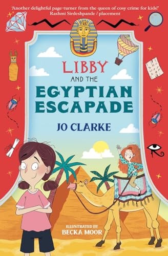 Book cover featuring a girl, a camel, and pyramids with Egyptian-themed icons on red.