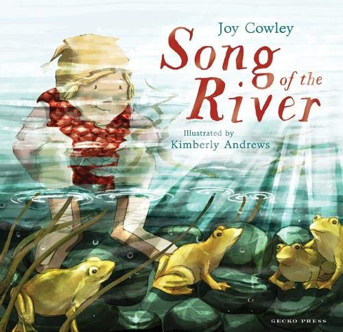 Book cover: girl in water with frogs, titled "Song of the River".