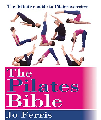 Book cover showing people performing various Pilates exercises against a white and pink background.