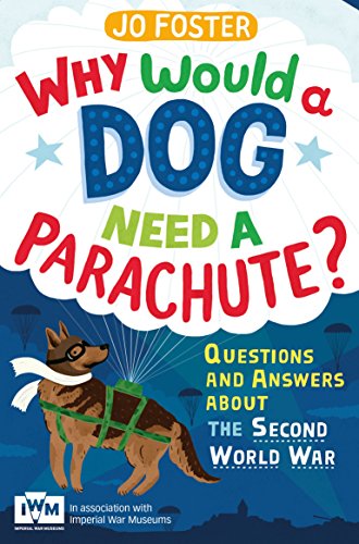 Book cover: dog with parachute harness, questions about WWII.