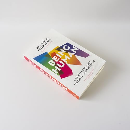 Book cover, "Being Human" by Jo Frost & Peter Lynas, with colorful geometric design.