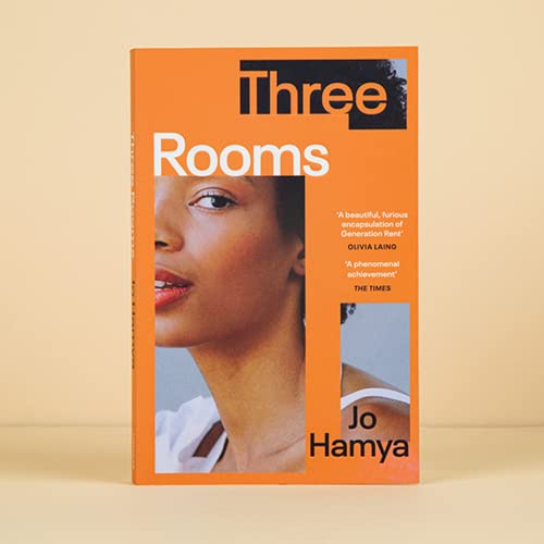 Book cover for "Three Rooms" featuring a woman's face and orange text.