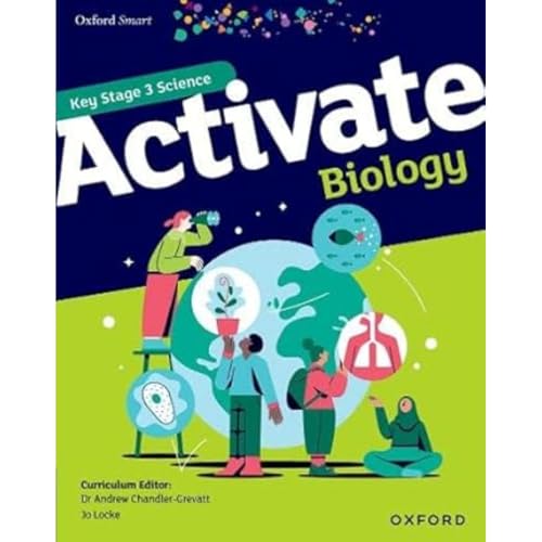 Biology textbook cover with illustrations of students and scientific concepts.