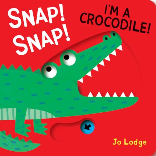 Red book cover with a green crocodile and a blue interactive button.