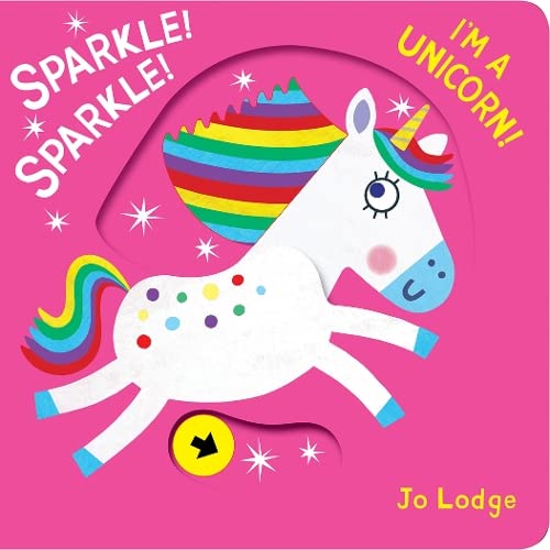 White unicorn with rainbow mane and tail on a pink background.