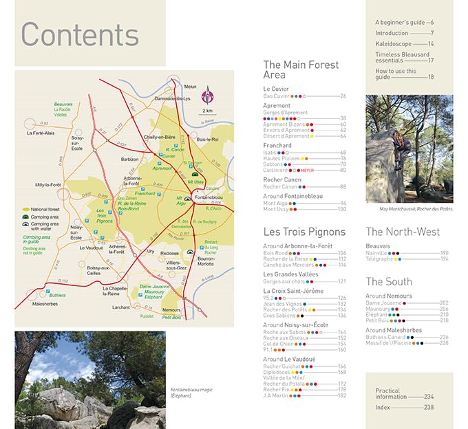 Table of contents page for a Fontainebleau bouldering guide featuring a regional map.