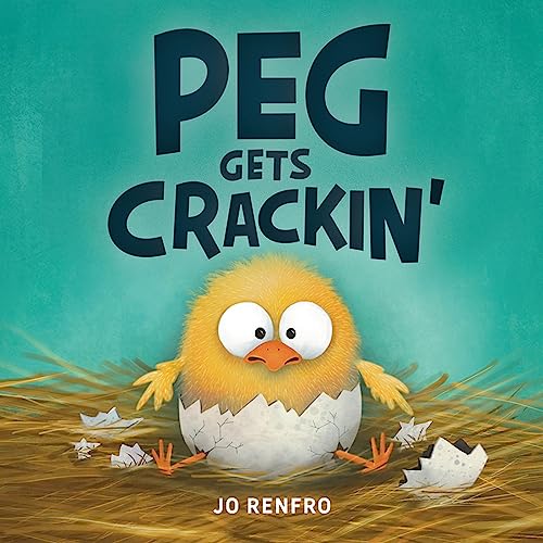 Book cover: a yellow chick emerging from an eggshell in a nest.