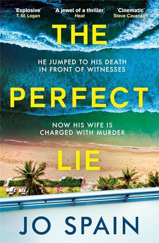 Book cover with ocean waves, beach, and bold yellow text: "The Perfect Lie.
