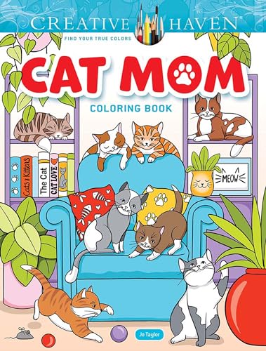 Cover of "Creative Haven Cat Mom Coloring Book" featuring many cats.