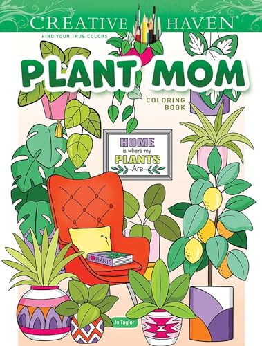 Coloring book cover with houseplants, a red chair, and “Plant Mom” text.