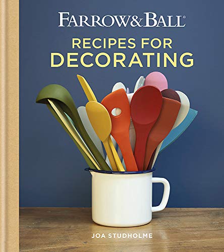 The image depicts the cover of the book "Farrow & Ball Recipes for Decorating". Here is a concise, descriptive alt text: "Book cover with colorful spoons in a white mug on a wooden surface."