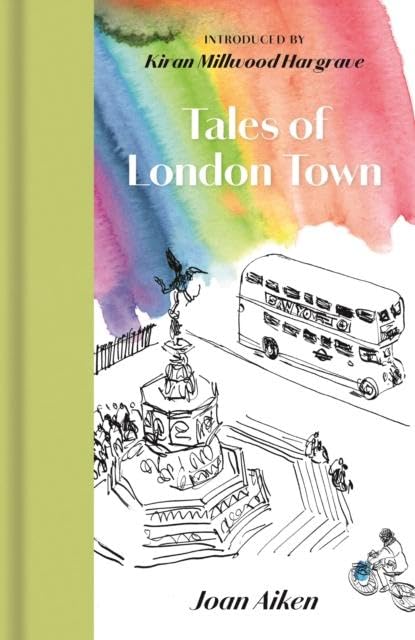 Book cover with watercolor rainbow background featuring a line drawing of London landmarks.