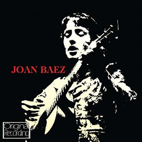 Black and white portrait of Joan Baez playing guitar, album cover.
