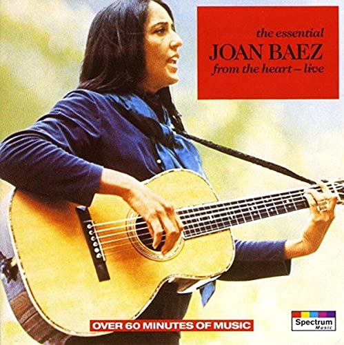 Joan Baez with guitar on album cover, red background, Spectrum Music label.
