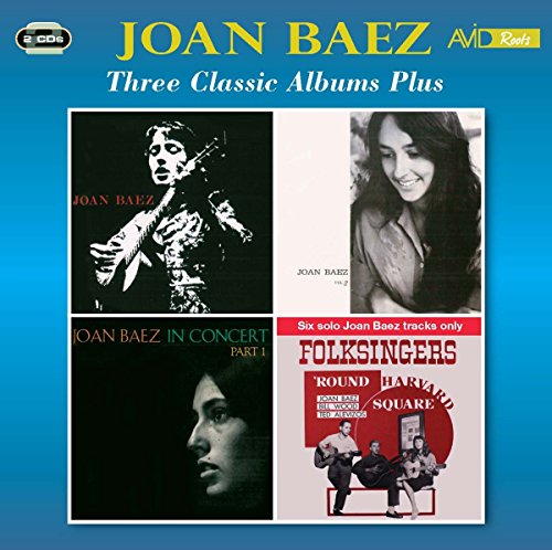 Album cover for Joan Baez Three Classic Albums Plus featuring four vintage music covers.
