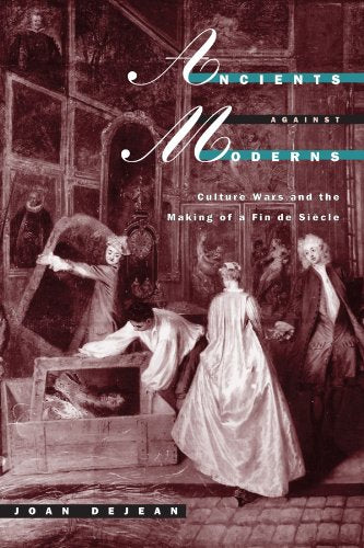 Book cover: “Ancients Against Moderns” with figures in 18th-century attire.