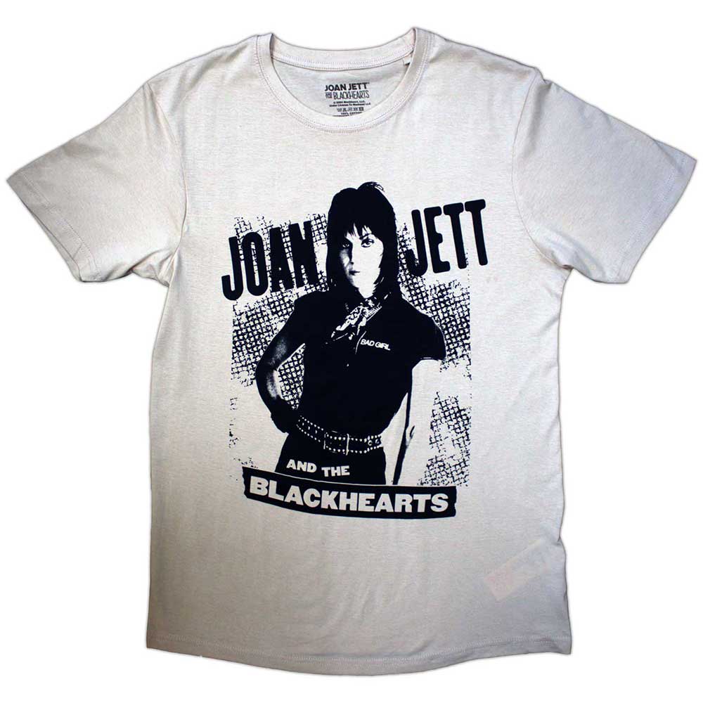 Black unisex t-shirt with a crosshatch texture, featuring Joan Jett imagery.